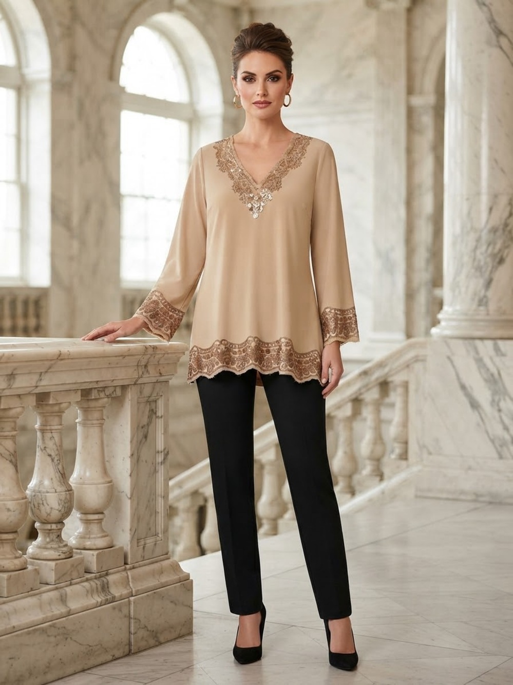 Roaman's Taupe Embroidered V-Neck Tunic